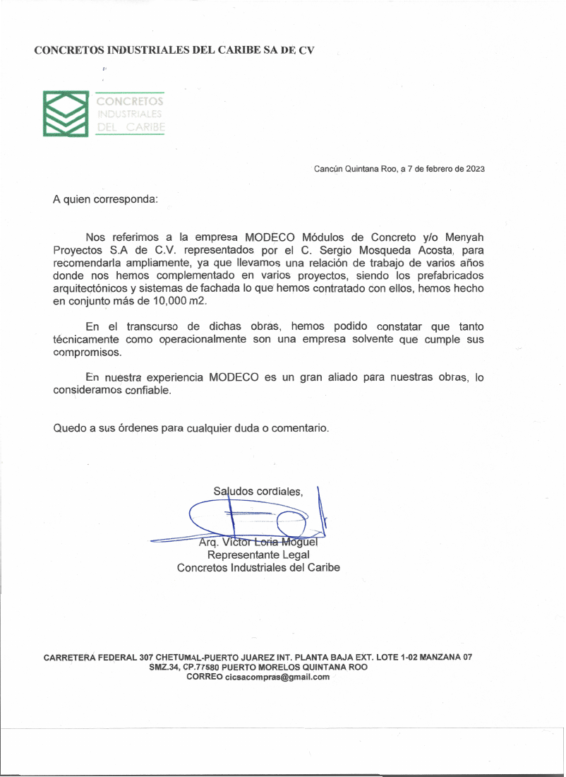 Primera página de la carta de Concretos Industriales del Caribe