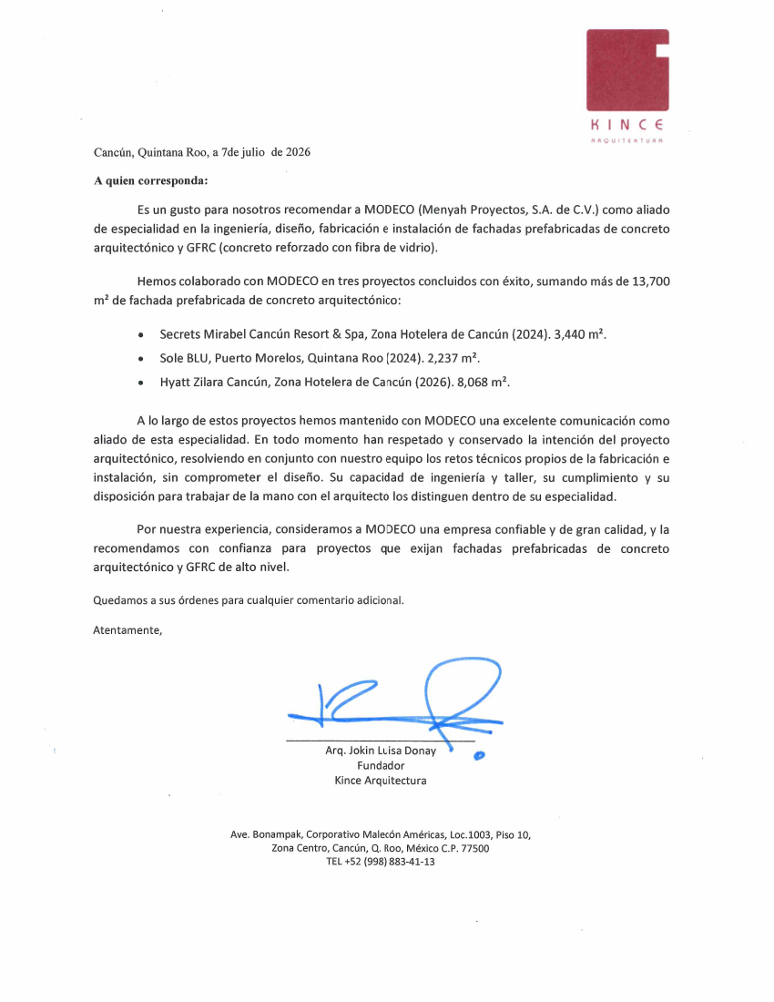 Primera página de la carta de Kince Arquitectura