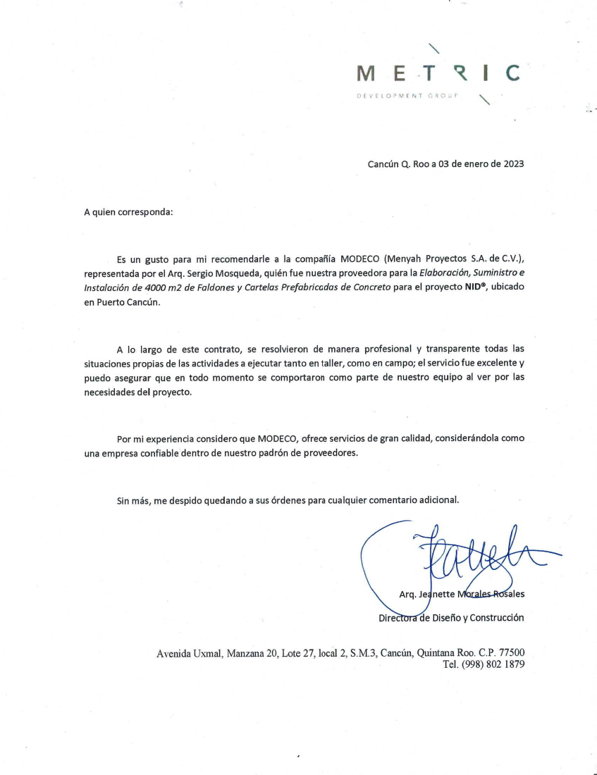 Primera página de la carta de Metric Development Group